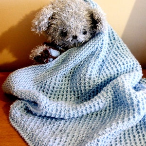Könnte beinhalten: Eine hellblaue gestrickte Babydecke mit einem grauen Plüschbären darin.