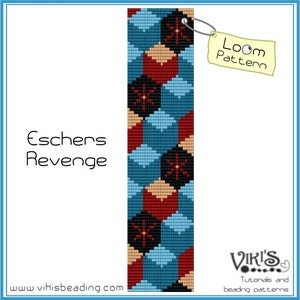 Puede incluir: Un patr&oacute;n de abalorios de telar llamado "Eschers Revenge" con un dise&ntilde;o geom&eacute;trico con cuentas rojas, azules, negras y beige. El patr&oacute;n est&aacute; etiquetado como "Loom Pattern" y la direcci&oacute;n del sitio web "www.vihisbeading.com" est&aacute; en la parte inferior.