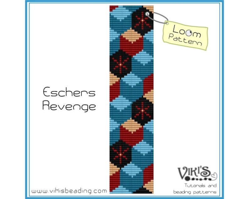 Puede incluir: Un patr&oacute;n de abalorios de telar llamado "Eschers Revenge" con un dise&ntilde;o geom&eacute;trico con cuentas rojas, azules, negras y beige. El patr&oacute;n est&aacute; etiquetado como "Loom Pattern" y la direcci&oacute;n del sitio web "www.vihisbeading.com" est&aacute; en la parte inferior.