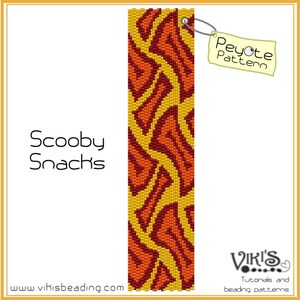 May include: A peyote stitch beading pattern for a bracelet called "Scooby Snacks". The pattern features a yellow and orange geometric design.