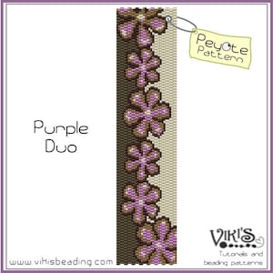 May include: A digital illustration of a beaded peyote pattern with purple flower designs. The text "Purple Duo" is displayed, along with the website address "www.vikisbeading.com". A tag reads "Peyote Pattern".
