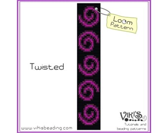 May include: A loom beading pattern with a black background and pink beads. The pattern is called "Twisted" and is a repeating design of a spiral. The image includes the text "Loom Pattern" and "Viki's Tutorials and beading patterns".