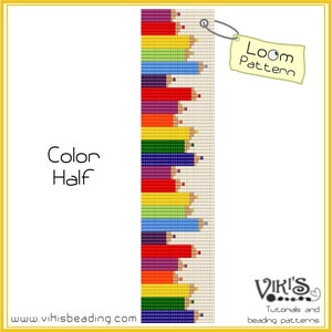Peut inclure: Un motif de métier à tisser pour un design de crayon coloré. Le motif est composé de rangées de perles colorées qui créent la forme de crayons. Le motif est intitulé "Color Half" et "Loom Pattern".
