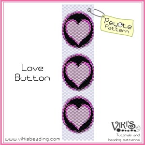 May include: A peyote stitch beading pattern for a love button. The pattern features three hearts with black outlines and pink centers.