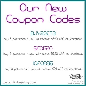 May include: A pink and white graphic with the text "Our New Coupon Codes" and three coupon codes: BUY2GET3, SFOR20, and IOFOR36. Each code is accompanied by a description of the discount offered for purchasing a certain number of patterns. The graphic also includes the website address www.vikisbeading.com and a logo for "Viri's Tutorials and Beading Patterns".