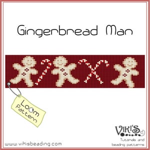 May include: A loom beading pattern for a Christmas bracelet featuring gingerbread men and candy canes on a red background. The pattern is labeled "Loom pattern" and the website "www.vihisbeading.com" is displayed at the bottom.