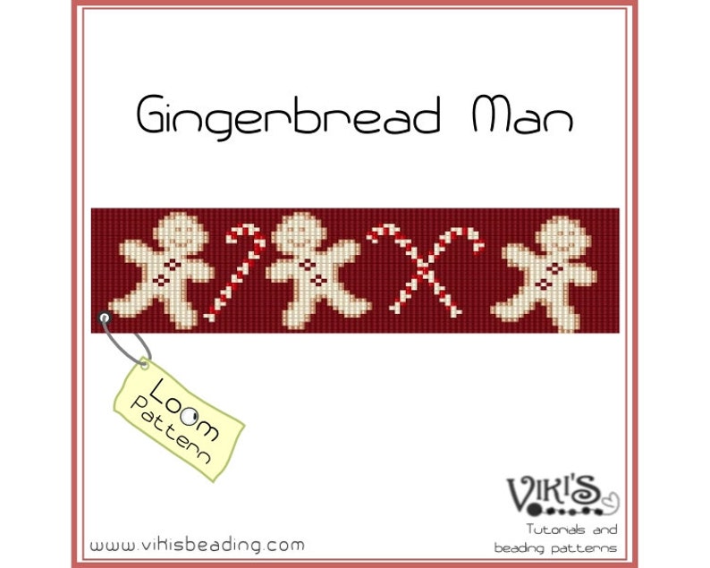 May include: A loom beading pattern for a Christmas bracelet featuring gingerbread men and candy canes on a red background. The pattern is labeled "Loom pattern" and the website "www.vihisbeading.com" is displayed at the bottom.