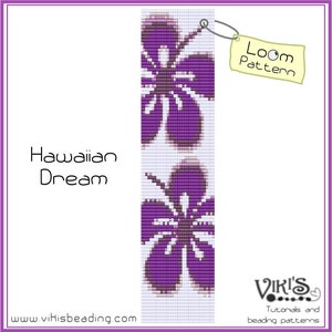 May include: A loom beading pattern for a bracelet featuring two purple hibiscus flowers on a white background. The pattern is titled "Hawaiian Dream" and is available on the website www.vihisbeading.com. The image also includes a tag that says "Loom Pattern".