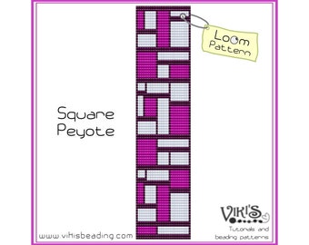 May include: A loom beading pattern for a square peyote stitch design. The pattern is made up of white and purple beads. The pattern is labeled "Loom Pattern" and "Square Peyote".