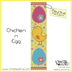 May include: A peyote stitch beading pattern for a chicken on an egg. The pattern features a yellow chick with brown legs and a pink and blue egg with a flower design. The pattern is labeled "Chicken on Egg" and "Peyote Pattern".