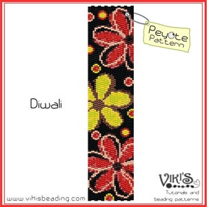 Puede incluir: Un patrón de abalorios para un diseño de flores de colores, titulado "Diwali" con el texto "Peyote Pattern" en una etiqueta. El patrón presenta cuentas rojas, amarillas y negras.