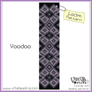 May include: A black and white loom beading pattern with a purple and white geometric design. The pattern is labeled "Voodoo" and "Loom Pattern".