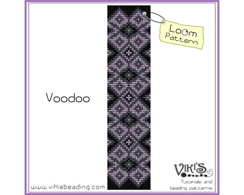 May include: A black and white loom beading pattern with a purple and white geometric design. The pattern is labeled "Voodoo" and "Loom Pattern".