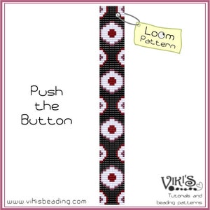 Puede incluir: Un patrón de abalorios de telar llamado "Push the Button" con un esquema de color negro, blanco y rojo. El patrón es para un brazalete o collar.