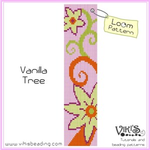 Może przedstawiać: Wzór na krosno do bransoletki z koralików z motywem kwiatowym. Wzór ma jasnofioletowe tło z pomarańczowymi, zielonymi i żółtymi koralikami. Tekst "Loom Pattern" znajduje się na białej etykiecie.