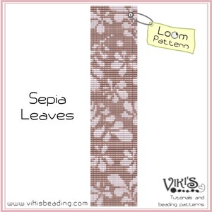 Może przedstawiać: Wzór na koraliki Sepia Leaves. Wzór na koraliki w kolorze brązowym i białym z motywem kwiatowym. Wzór jest oznaczony jako "Loom Pattern".