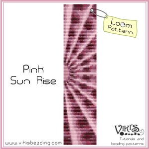 Op de afbeelding: Pink Sun Rise loom kralenpatroon met een roze en wit kleurenschema. Het patroon is een spiraalvormig ontwerp met een wit centrum en roze dat naar buiten straalt.