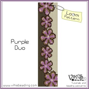 May include: Purple Duo loom beading pattern featuring a row of purple flowers with brown and beige accents. The pattern is labeled "Loom Pattern" and "Viki's Tutorials and Beading Patterns".