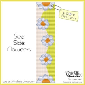 Może przedstawiać: Wzór na krosno do bransoletki z koralików z powtarzającym się wzorem białych kwiatów z pomarańczowymi środkami na żółtym i białym tle. Wzór nosi tytuł "Sea Side Flowers" i jest dostępny na stronie internetowej www.vihisbeading.com. Obraz zawiera również etykietę z napisem "Loom Pattern".