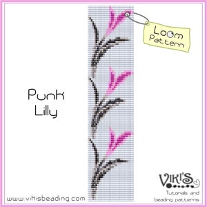 Może przedstawiać: Wzór koralików do tkackiego na wzór różowego kwiatu lilii. Wzór nazywa się "Punk Lilly" i jest dostępny na stronie internetowej www.vihisbeading.com. Wzór jest oznaczony jako "Loom Pattern".