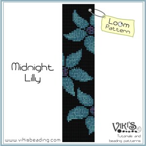 May include: A loom beading pattern for a bracelet called "Midnight Lilly". The pattern features a black background with blue flowers.