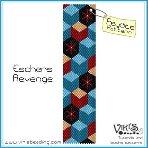 May include: A peyote stitch beading pattern called "Escher's Revenge" featuring a geometric design of blue, red, black, and beige beads. The pattern is labeled "Peyote Pattern".