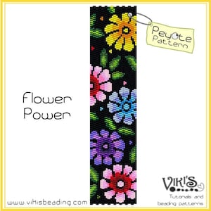 Puede incluir: Un patrón de abalorios de punto de peyote colorido con un diseño floral con el título "Flower Power" y el texto "Peyote Pattern".