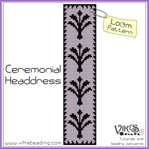May include: A digital loom pattern for a ceremonial headdress design. The pattern features a repeating black floral motif on a lavender background. The text "Ceremonial Headdress" and "Loom Pattern" are visible. The website address www.vikisbeading.com is also shown.