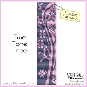 Puede incluir: Un patrón de tejido de cuentas para un diseño de árbol de dos tonos. El patrón está en tonos rosa y azul. El patrón está etiquetado como "Two Tone Tree" y "Loom Pattern".