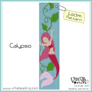 May include: A loom beading pattern for a mermaid named Calypso. The pattern features a pink mermaid with green seaweed and a blue background. The pattern is labeled "Loom Pattern".