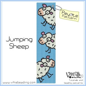 May include: A peyote stitch beading pattern for a bracelet featuring three white sheep with pink ears and black eyes, jumping on a light blue background. The pattern is labeled "Jumping Sheep" and "Peyote Pattern".