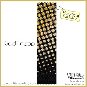 Könnte beinhalten: Ein Peyote-Stich-Perlenmuster namens "Goldfrapp" mit schwarzem Hintergrund und einem Farbverlauf aus goldenen und beigefarbenen Perlen. Das Muster ist mit "Peyote Pattern" beschriftet.