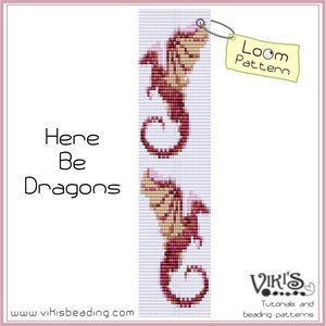 May include: A loom beading pattern for a pink and gold dragon with the text "Here Be Dragons" and "Loom Pattern" on the image.