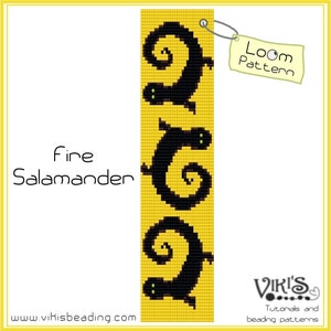 May include: A loom beading pattern for a Fire Salamander. The pattern features three black salamanders with yellow eyes on a yellow background. The text "Loom Pattern" is on a white tag.