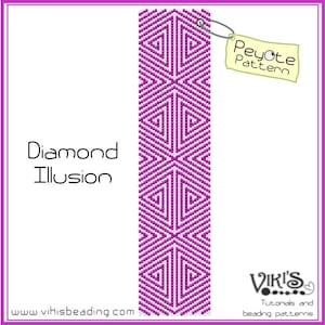 Könnte beinhalten: Ein violettes und weißes Peyote-Stich-Perlenmuster namens "Diamond Illusion". Das Muster ist für ein schmales Armband oder eine Halskette. Das Muster ist mit "Peyote Pattern" beschriftet.