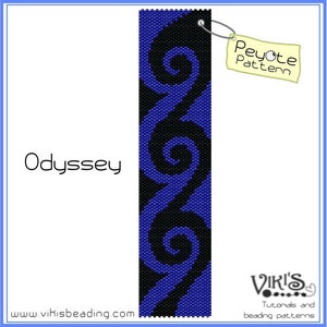 May include: A peyote stitch beading pattern called "Odyssey" with a blue and black colour scheme. The pattern is for a bracelet or necklace with a repeating spiral design. The pattern is labelled "Peyote Pattern".