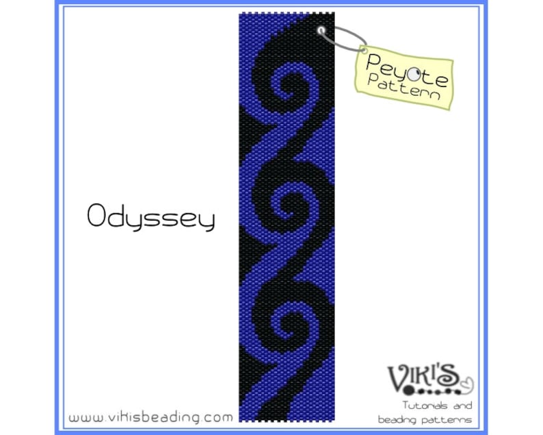 May include: A peyote stitch beading pattern called "Odyssey" with a blue and black colour scheme. The pattern is for a bracelet or necklace with a repeating spiral design. The pattern is labelled "Peyote Pattern".