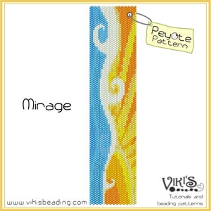May include: A peyote stitch beading pattern called "Mirage" with a blue, white, and yellow color scheme. The pattern is labeled "Peyote Pattern".
