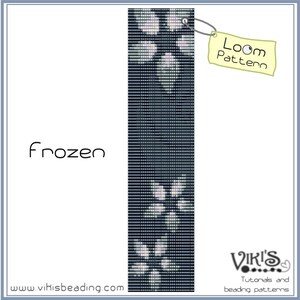 May include: A loom beading pattern for a bracelet called "Frozen". The pattern features a white and blue design with a snowflake motif. The pattern is labeled "Loom Pattern" and is available on the website www.vihisbeading.com.