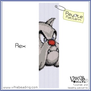 Puede incluir: Un patrón de abalorios de punto peyote para un bulldog gris y rojo con el texto "Rex" y "Peyote Pattern" en la imagen.