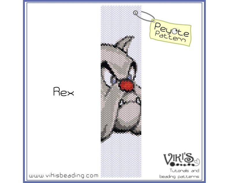 Op de afbeelding: Een peyote-steek kralenpatroon voor een grijze en rode bulldog met de tekst "Rex" en "Peyote Pattern" op de afbeelding.