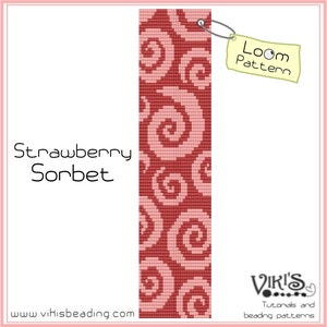 May include: A loom beading pattern for a bracelet called "Strawberry Sorbet". The pattern features a repeating design of pink and red swirls.
