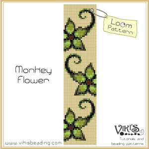 May include: A loom pattern for a beaded bracelet featuring a repeating design of green and brown monkey flowers with black stems. The pattern is labelled "Loom Pattern" and "Monkey Flower".