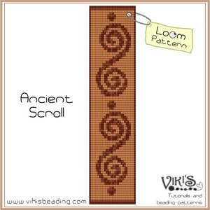 May include: A loom pattern for a beaded bracelet with a brown background and dark brown swirls. The pattern is called "Ancient Scroll" and is from Viki's Tutorials and Beading Patterns.