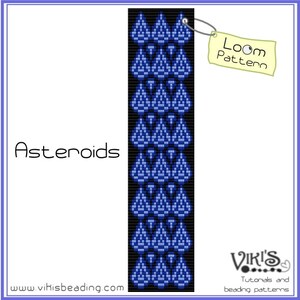 May include: A loom beading pattern called "Asteroids" featuring a repeating pattern of blue and white triangles on a black background. The pattern is labelled "Loom Pattern" and the website address "www.vihisbeading.com" is included.
