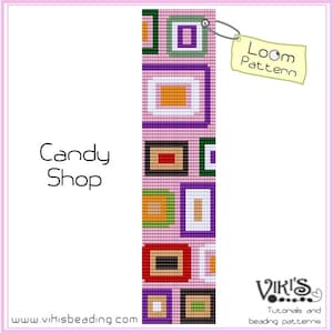 Może przedstawiać: Wzór do robienia koralików na krosnach o nazwie "Candy Shop" z kolorowym geometrycznym wzorem, który zawiera kwadraty i prostokąty w odcieniach fioletu, zieleni, pomarańczy, czerwieni, czerni i bieli na różowym tle. Wzór jest oznaczony jako "Loom Pattern".