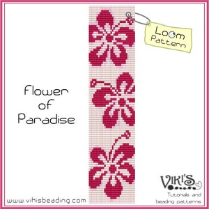 May include: A loom pattern for a pink and white flower of paradise bracelet. The pattern is called "Flower of Paradise" and is available on the website www.vihisbeading.com. The pattern is labeled "Loom Pattern".