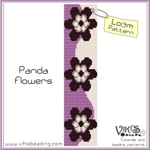 May include: A loom beading pattern for a bracelet featuring a design of panda flowers. The pattern is shown on a loom with purple and white beads. The text "Loom Pattern" is on a yellow tag.