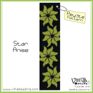 Puede incluir: Un patrón de Peyote de cuentas negras y verdes con el texto "Star Anise". El patrón presenta diseños florales en forma de estrella verde repetidos. Una etiqueta dice "Peyote Pattern". La dirección del sitio web www.vikisbeading.com es visible.