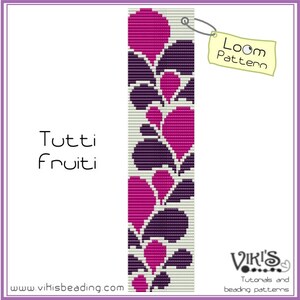 Op de afbeelding: Een loom kralenpatroon voor een armband of ketting met een bloemenmotief in roze en paarse kralen. Het patroon is getiteld "Tutti Frutti" en is beschikbaar op de website www.vihisbeading.com. De afbeelding bevat ook de tekst "Loom Pattern".
